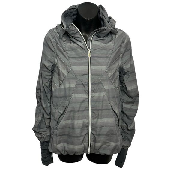 Lululemon gray nylon striped zipper hood zip up Run Hustle jacket size 6 - Picture 1 of 14